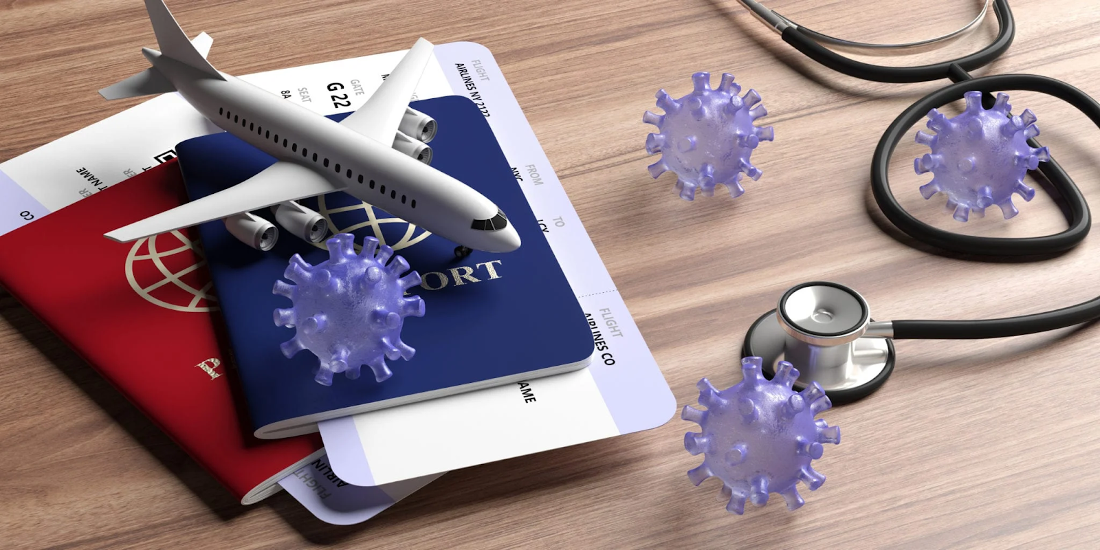 A close-up image depicting travel essentials for health safety during a trip. The scene includes passports, boarding passes, and a miniature airplane, symbolizing travel. Surrounding the items are 3D representations of viruses, highlighting the importance of travel insurance and medical preparedness. A stethoscope is also visible, reinforcing the theme of health and safety during travel.